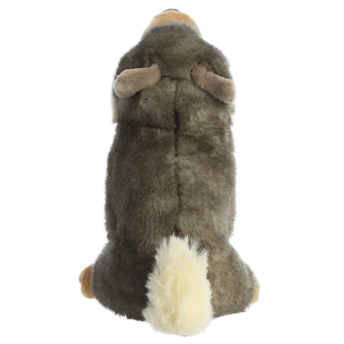 Aurora Miyoni Wolf lifelike plush stuffed animal sitting with gray and cream fur, amber eyes, and a fluffy tail.