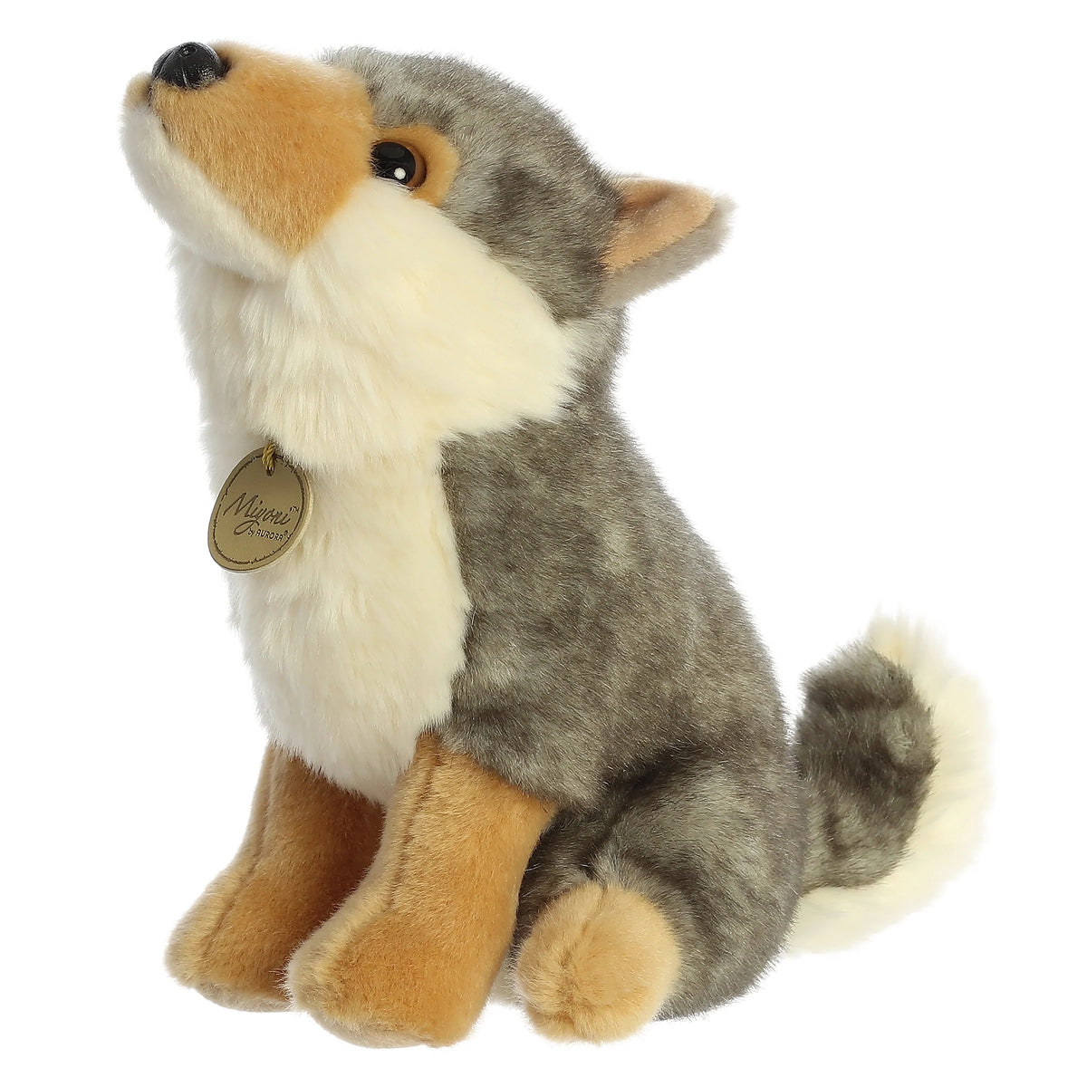 Aurora Miyoni Wolf lifelike plush stuffed animal sitting with gray and cream fur, amber eyes, and a fluffy tail.