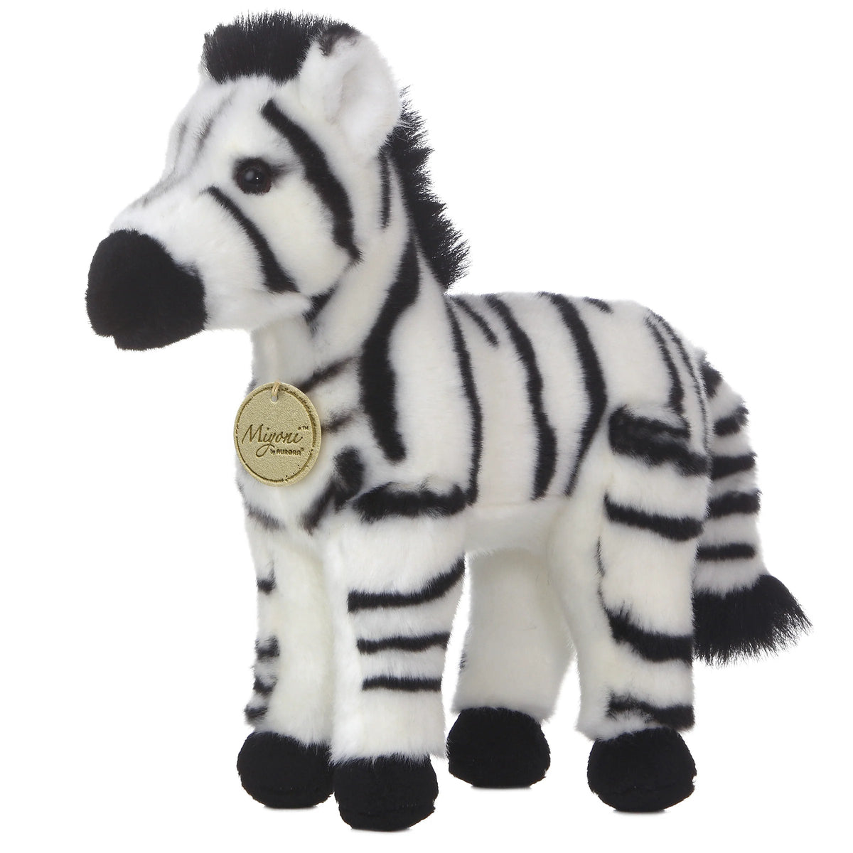 Aurora Miyoni Zebra plush stuffed animal featuring realistic black and white stripes in a standing pose.