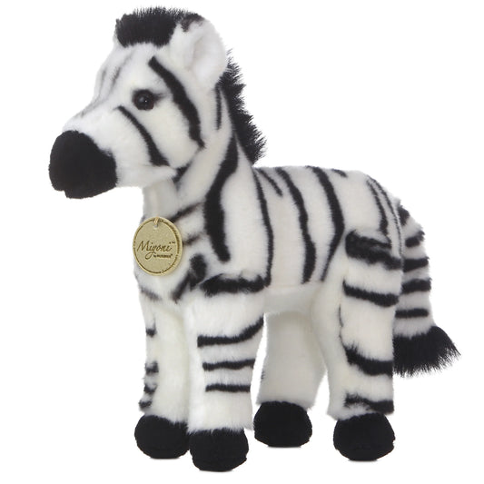 Aurora Miyoni Zebra plush stuffed animal featuring realistic black and white stripes in a standing pose.