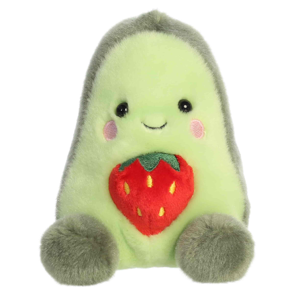 Aurora Palm Pals Aimee Strawberry Avocado plush toy featuring soft green fur, a dark rind trim, an embroidered strawberry belly, and rosy cheeks sitting upright.
