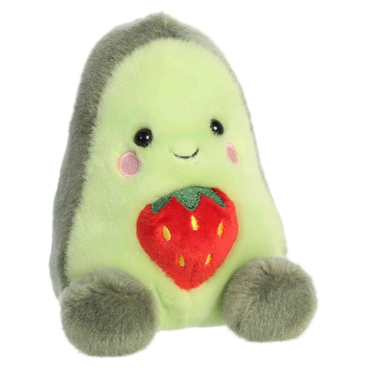 Aurora Palm Pals Aimee Strawberry Avocado plush toy featuring soft green fur, a dark rind trim, an embroidered strawberry belly, and rosy cheeks sitting upright.