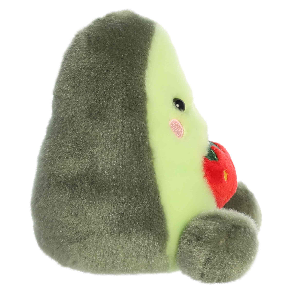 Aurora Palm Pals Aimee Strawberry Avocado plush toy featuring soft green fur, a dark rind trim, an embroidered strawberry belly, and rosy cheeks sitting upright.
