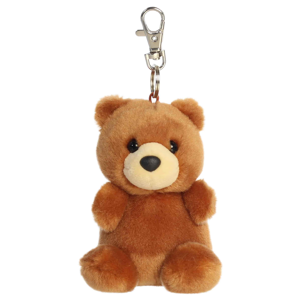 Aurora Palm Pals Artie Bear plush clip-on featuring soft chestnut-brown fur, a tan muzzle, dark eyes, and a silver swivel clasp.