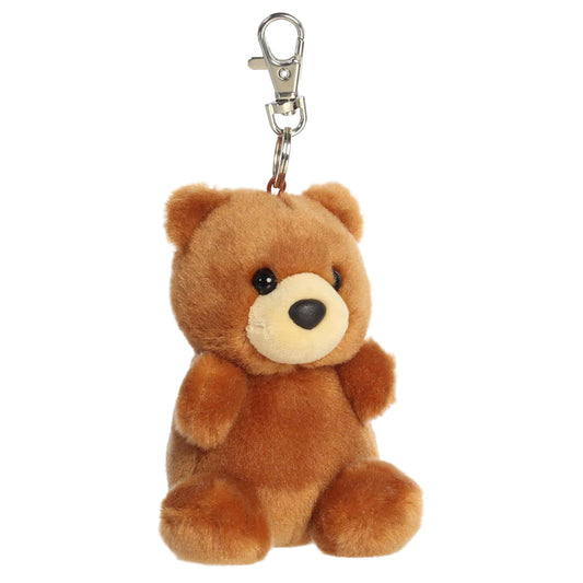Aurora Palm Pals Artie Bear plush clip-on featuring soft chestnut-brown fur, a tan muzzle, dark eyes, and a silver swivel clasp.