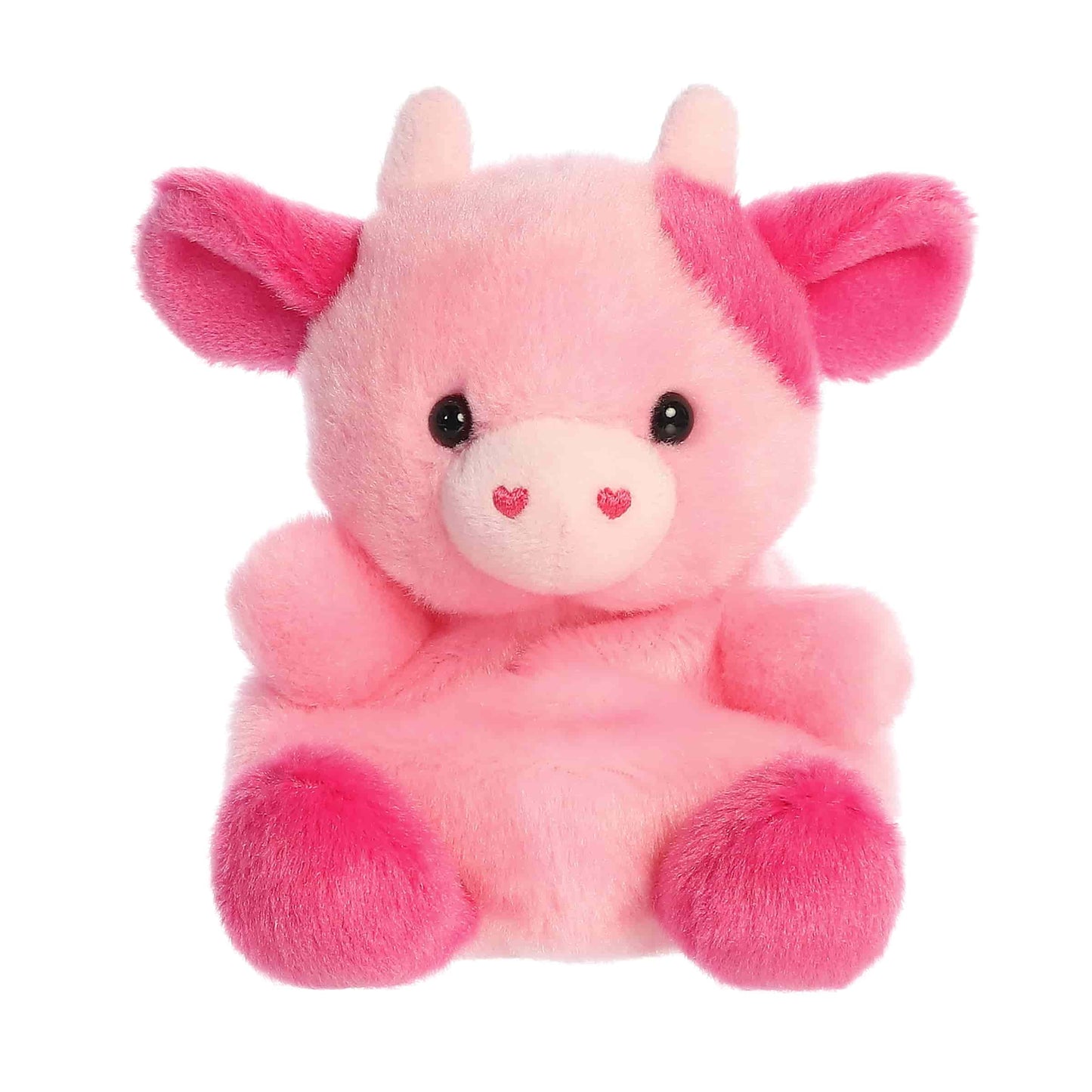 Product view of Aurora Palm Pals Blossom Pink Cow, a soft pink plush cow with dark pink spots and heart-shaped nostrils.