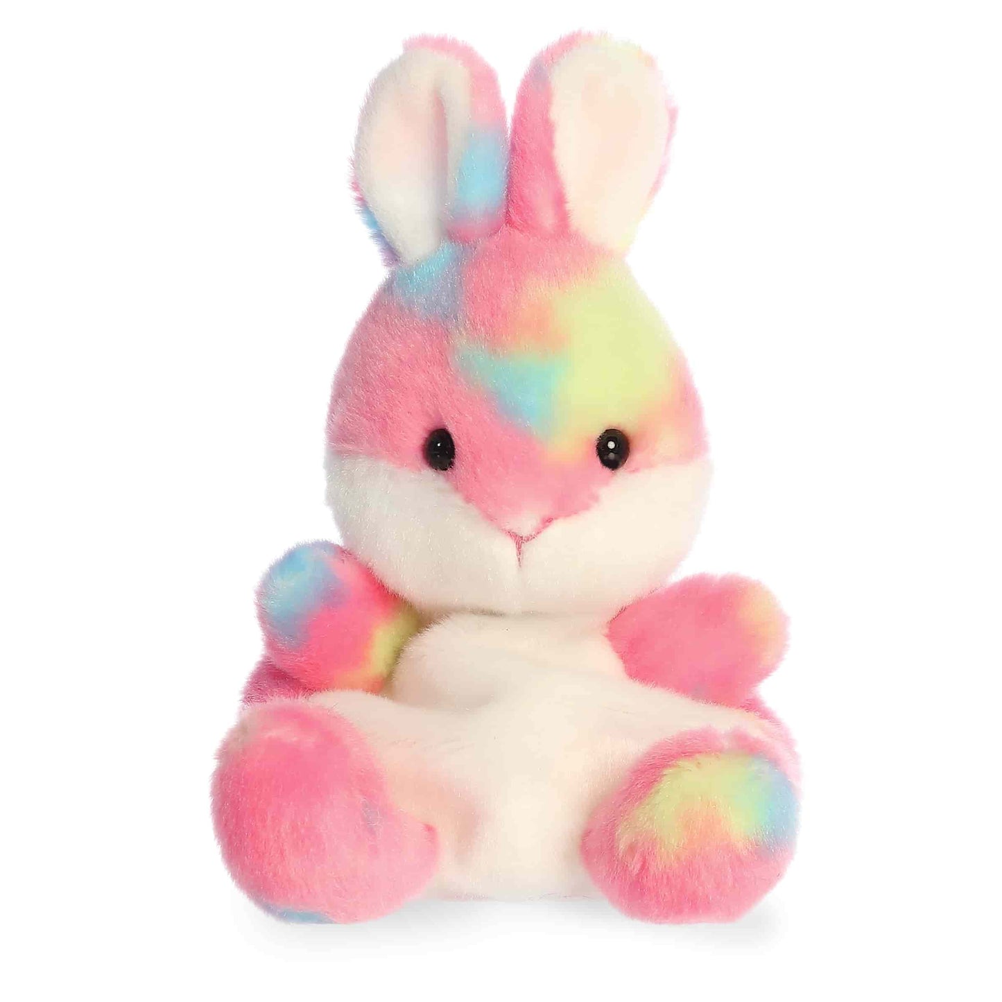 Product view of Aurora Palm Pals Bubblegum Jellybean Bunny, a pastel tie-dye rabbit plush with pink, blue, and yellow spots and a white tummy.