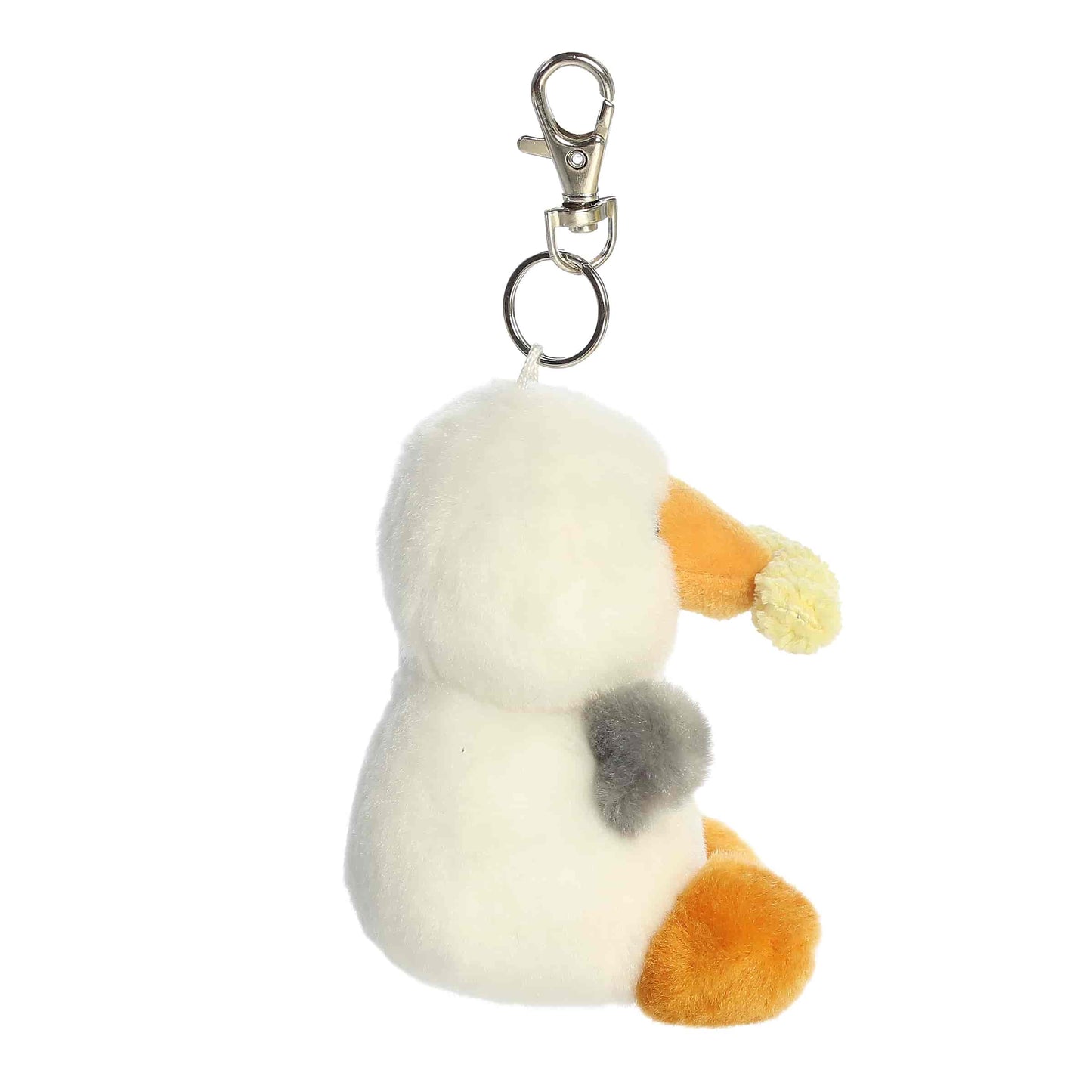 Aurora Palm Pals plush clip-on featuring Buoy the Seagull, a white and gray bird holding a french fry in its beak.