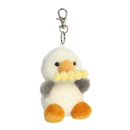 Aurora Palm Pals plush clip-on featuring Buoy the Seagull, a white and gray bird holding a french fry in its beak.