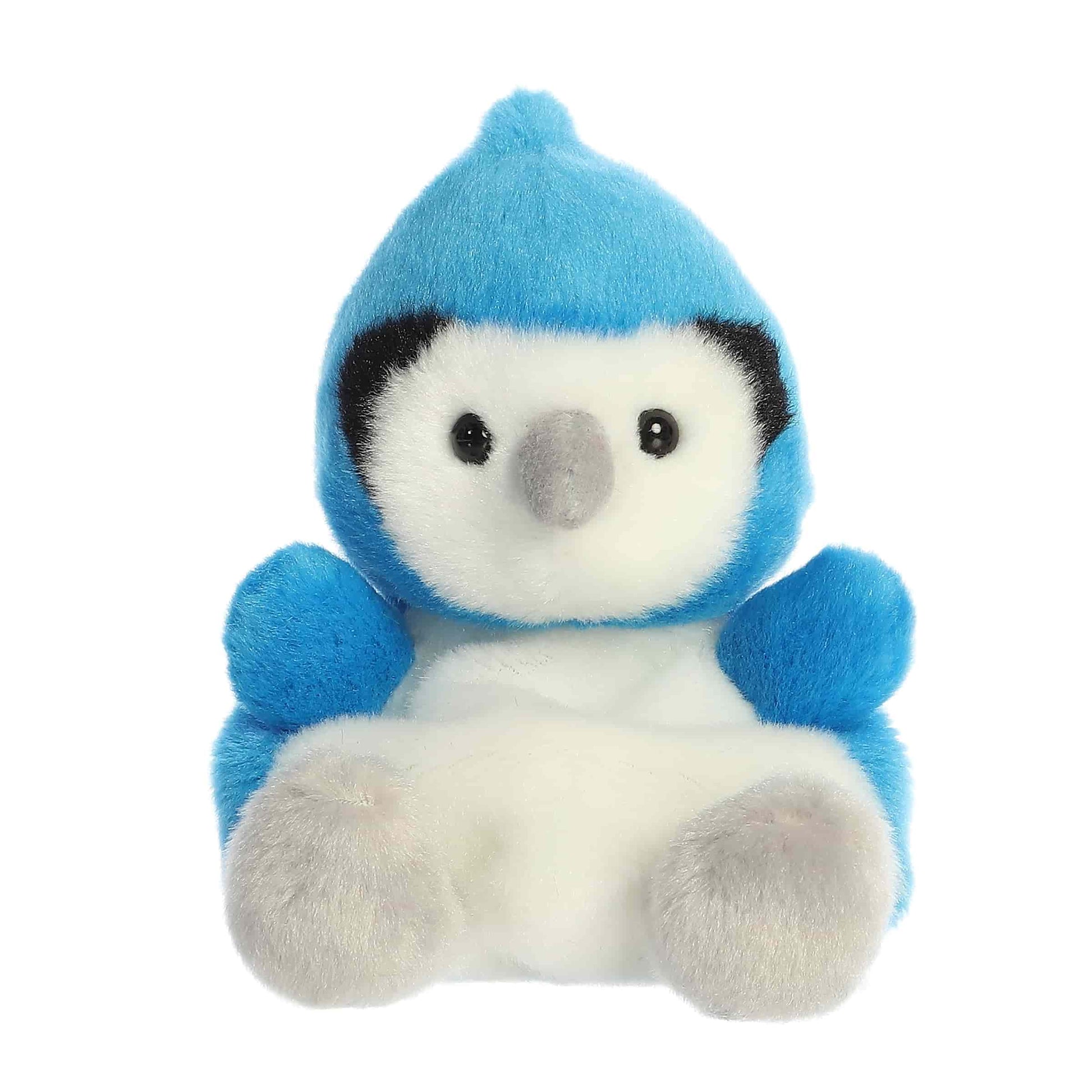 Front view of Aurora Palm Pals Chatters Blue Jay, a small blue bird plush. 
