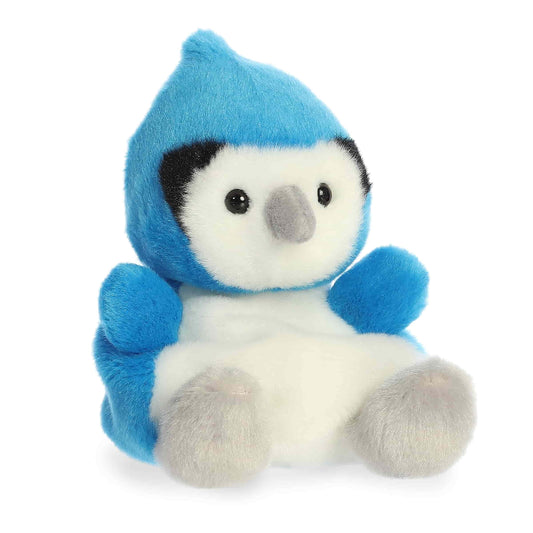 Product view of Aurora Palm Pals Chatters Blue Jay, a small blue bird plush with a white chest and black facial markings.