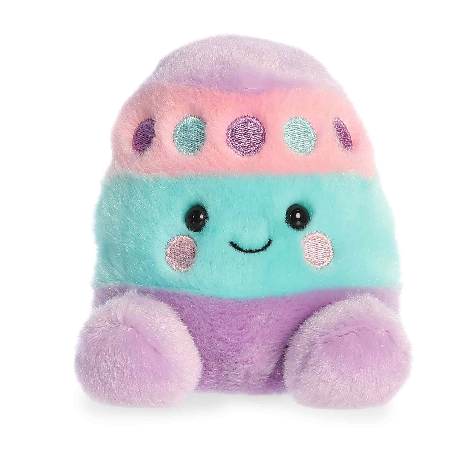 Product view of Aurora Palm Pals Cotton Easter Egg, a plush egg featuring pastel pink, teal, and purple stripes with embroidered polka dots.