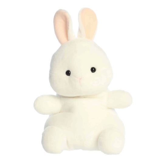 Product view of Aurora Palm Pals Cottontail Bunny, a giant 13-inch white rabbit plush with pink inner ears and a sitting pose.