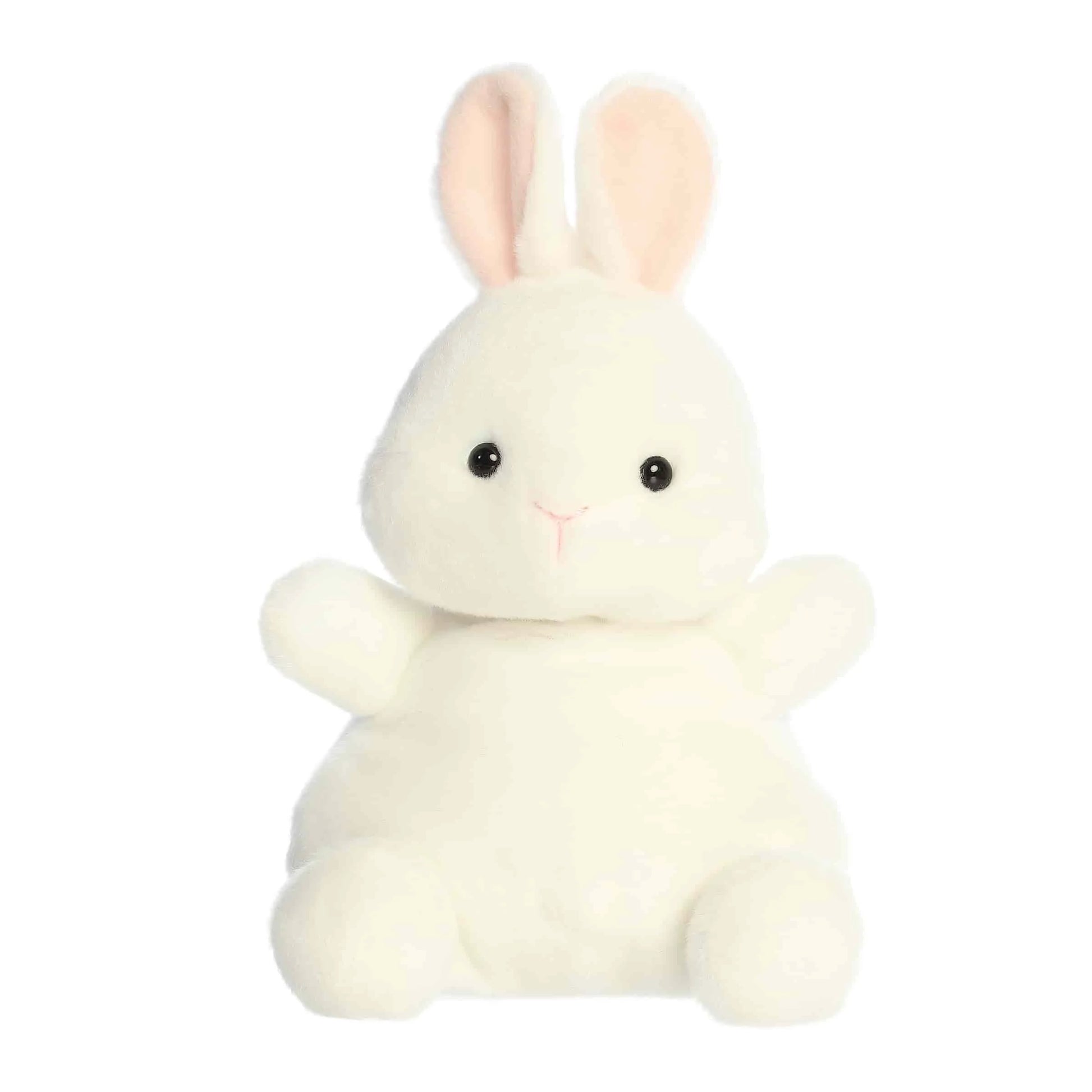 Product view of Aurora Palm Pals Cottontail Bunny, an 8-inch white rabbit plush with pink inner ears and a sitting pose.