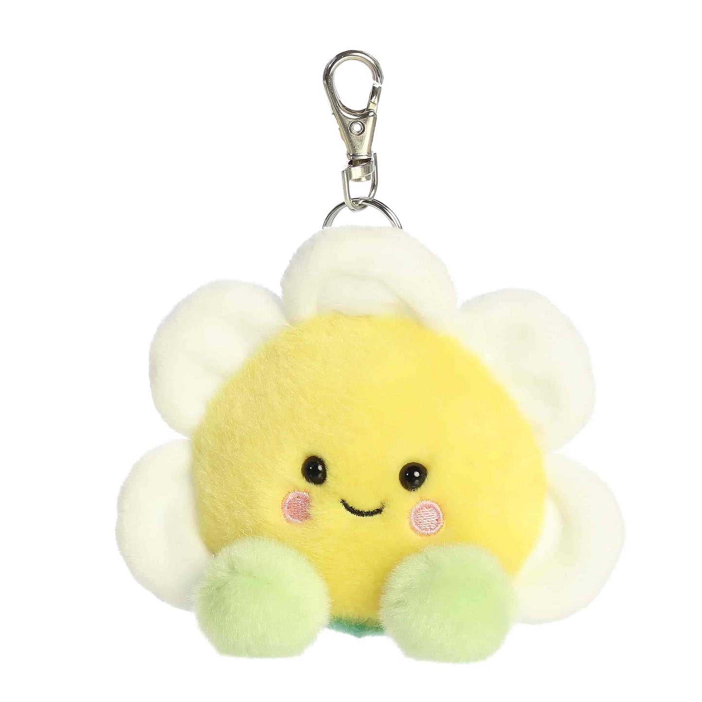 Aurora Palm Pals plush clip-on featuring Deon the Daisy, a smiling flower with white petals, a yellow center, and green leaves.