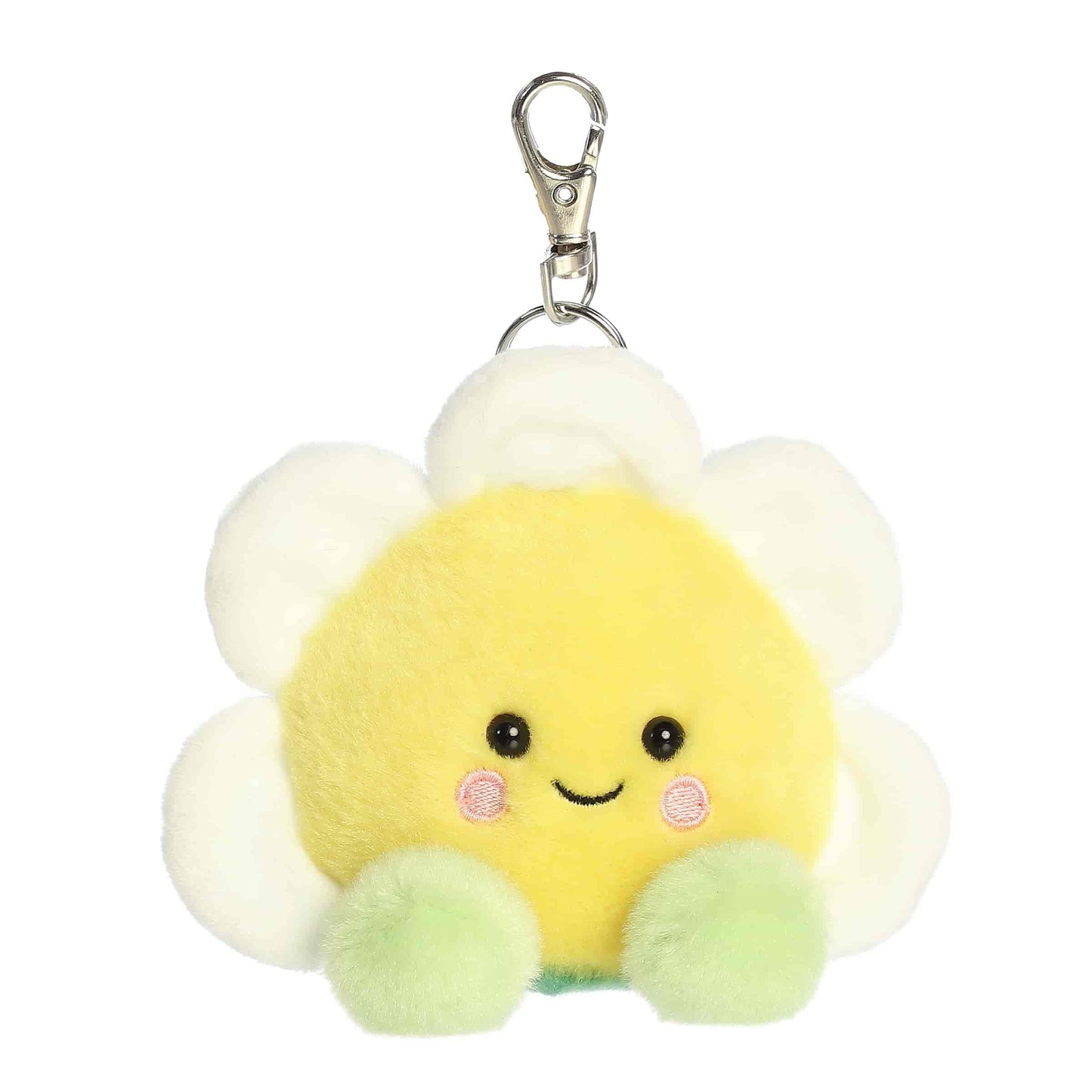 Aurora Palm Pals plush clip-on featuring Deon the Daisy, a smiling flower with white petals, a yellow center, and green leaves.