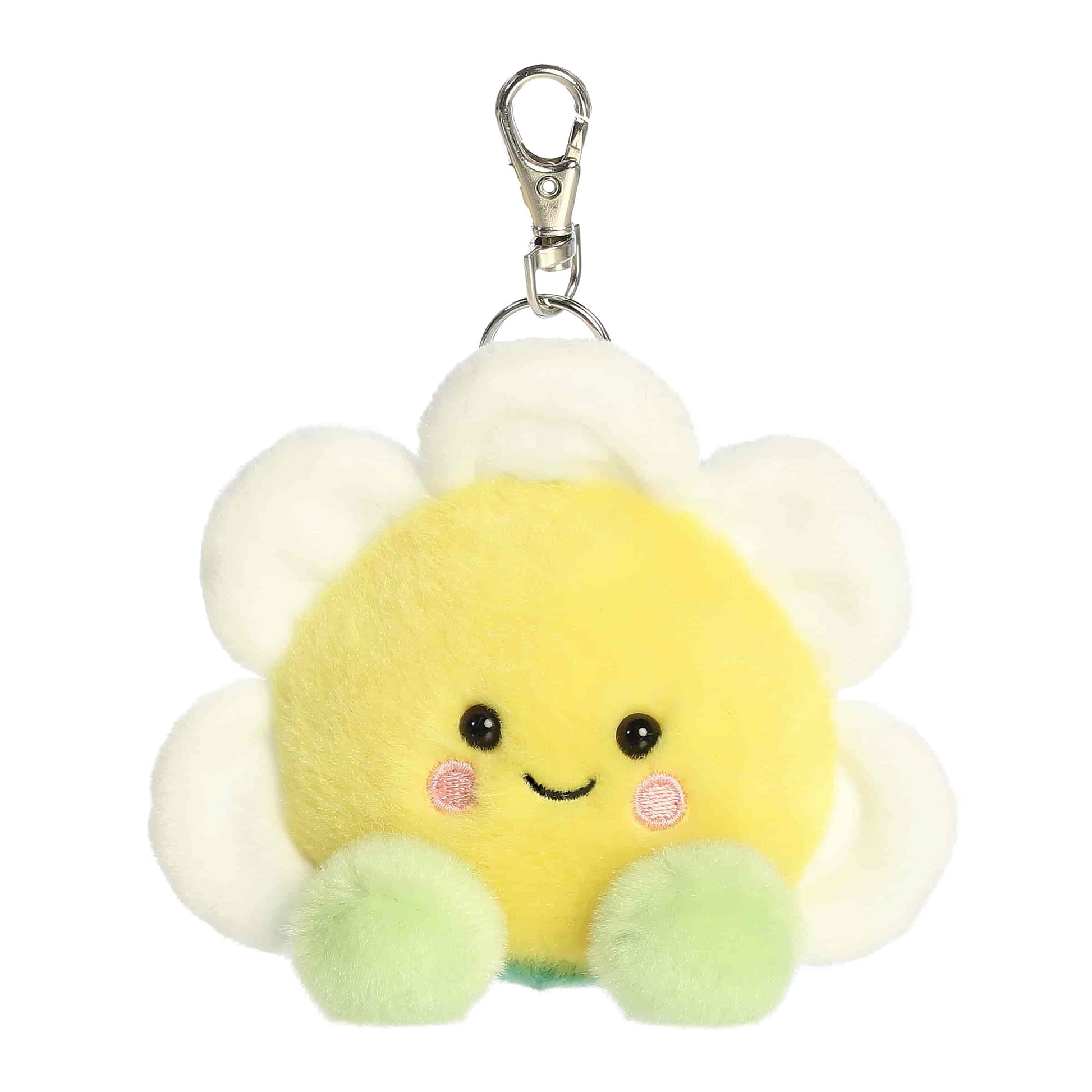 Aurora Palm Pals plush clip-on featuring Deon the Daisy, a smiling flower with white petals, a yellow center, and green leaves.