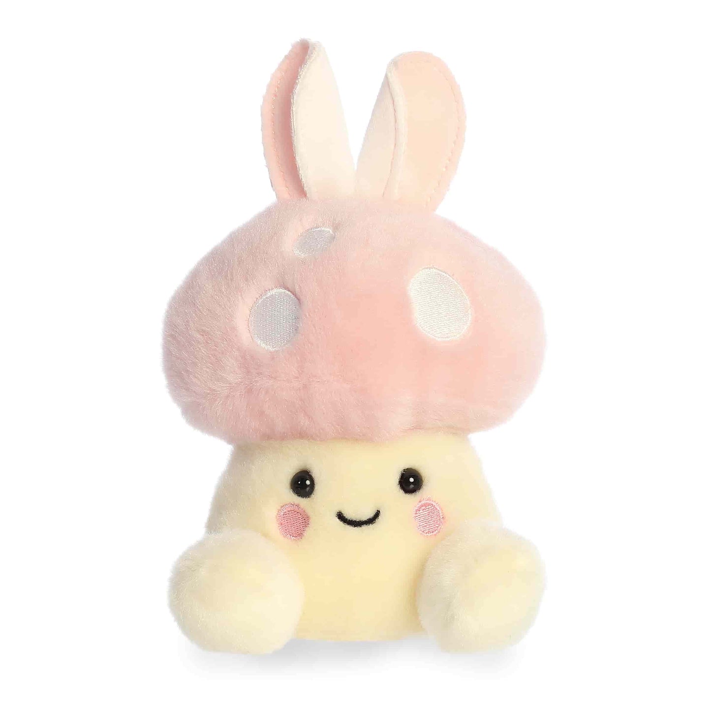 Product view of Aurora Palm Pals Diana Bunny Mushroom, a plush mushroom with a pink polka-dot cap and white bunny ears.