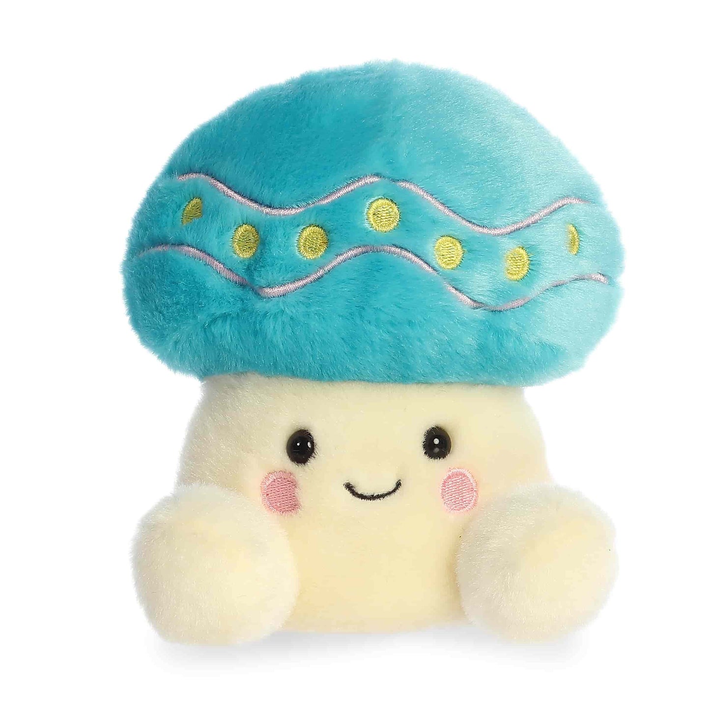Product view of Aurora Palm Pals Dipper Easter Mushroom, a plush mushroom with a teal cap decorated with yellow dots and purple waves.