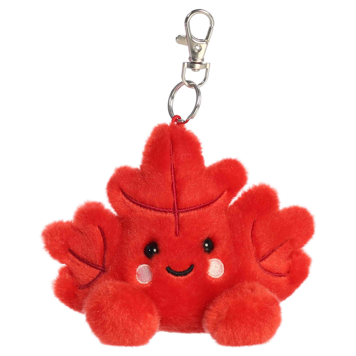 Aurora Palm Pals Fall Maple Leaf plush clip-on featuring deep red fur, embroidered rosy cheeks, stitched leaf patterns, and a silver swivel clip.