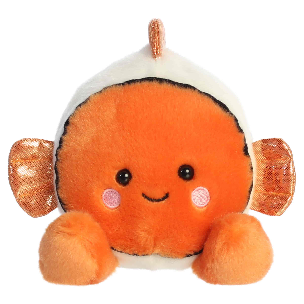 Aurora Palm Pals Giggles Clownfish plush animal featuring bright orange fur, white stripes, shimmering copper fins, and rosy embroidered cheeks sitting upright.