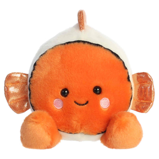 Aurora Palm Pals Giggles Clownfish plush animal featuring bright orange fur, white stripes, shimmering copper fins, and rosy embroidered cheeks sitting upright.