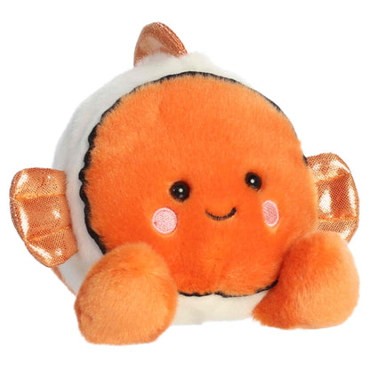 Aurora Palm Pals Giggles Clownfish plush animal featuring bright orange fur, white stripes, shimmering copper fins, and rosy embroidered cheeks sitting upright.