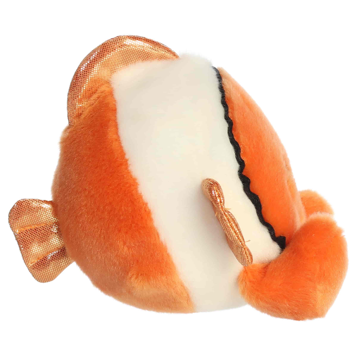 Aurora Palm Pals Giggles Clownfish plush animal featuring bright orange fur, white stripes, shimmering copper fins, and rosy embroidered cheeks sitting upright.