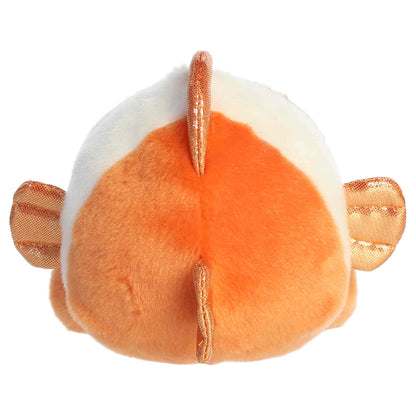 Aurora Palm Pals Giggles Clownfish plush animal featuring bright orange fur, white stripes, shimmering copper fins, and rosy embroidered cheeks sitting upright.
