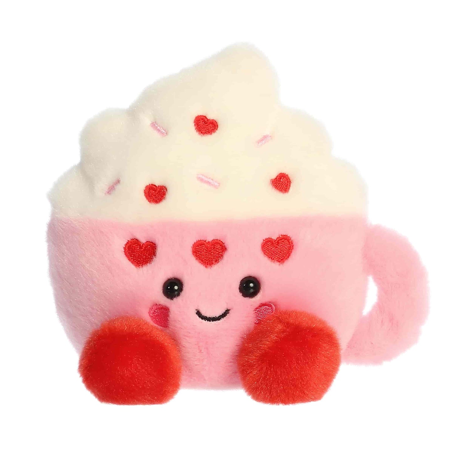 Product view of Aurora Palm Pals Harper Heart Latte, a pink plush latte cup with heart sprinkles and whipped cream.