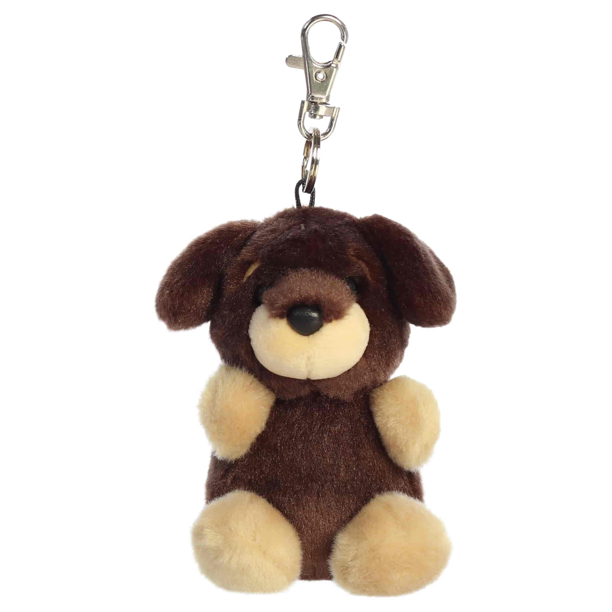 Aurora Palm Pals Houdini Dachshund plush clip-on featuring soft brown fur, tan muzzle and paws, floppy ears, and a silver swivel clasp.