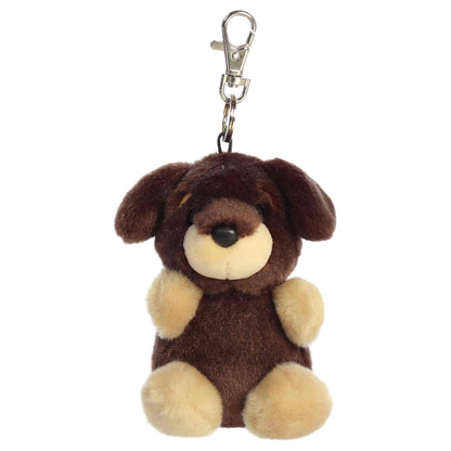 Aurora Palm Pals Houdini Dachshund plush clip-on featuring soft brown fur, tan muzzle and paws, floppy ears, and a silver swivel clasp.