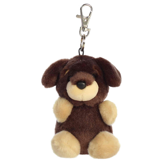 Aurora Palm Pals Houdini Dachshund plush clip-on featuring soft brown fur, tan muzzle and paws, floppy ears, and a silver swivel clasp.