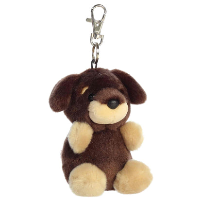 Aurora Palm Pals Houdini Dachshund plush clip-on featuring soft brown fur, tan muzzle and paws, floppy ears, and a silver swivel clasp.