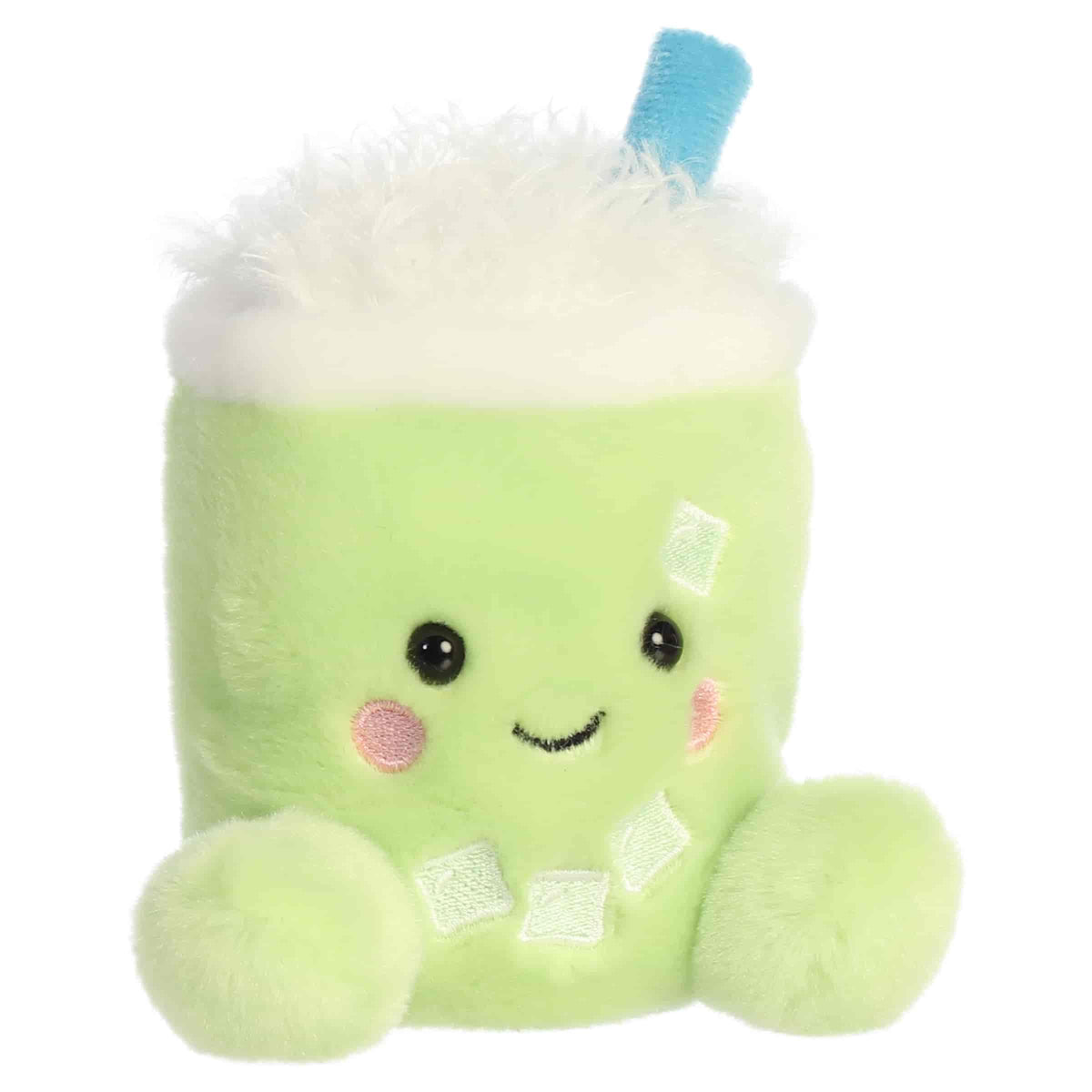 Aurora Palm Pals Jade Iced Matcha Latte plush toy featuring matcha-green fur, fluffy white foam top, blue straw, embroidered ice cubes, and rosy cheeks sitting upright.