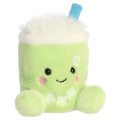Aurora Palm Pals Jade Iced Matcha Latte plush toy featuring matcha-green fur, fluffy white foam top, blue straw, embroidered ice cubes, and rosy cheeks sitting upright.