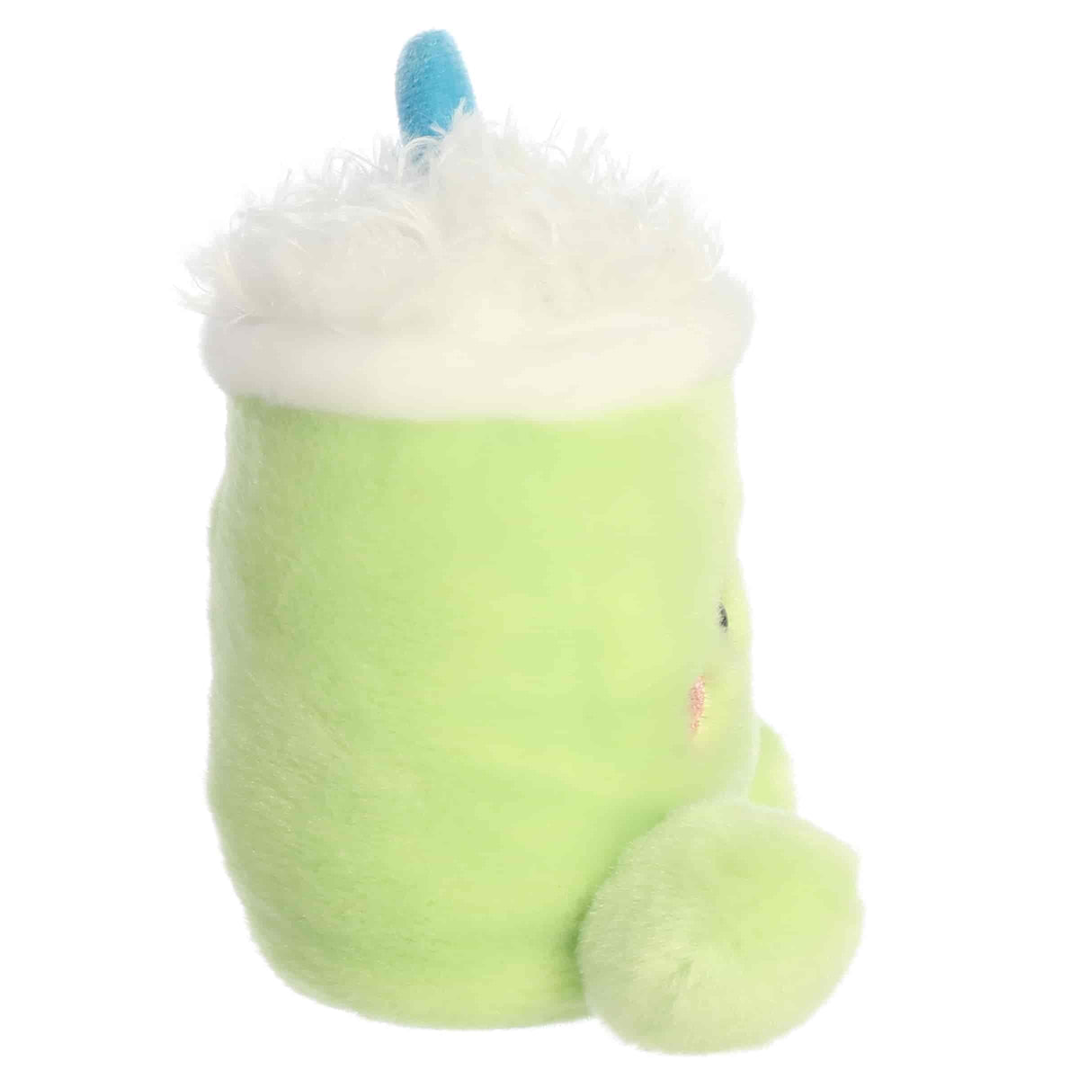 Aurora Palm Pals Jade Iced Matcha Latte plush toy featuring matcha-green fur, fluffy white foam top, blue straw, embroidered ice cubes, and rosy cheeks sitting upright.