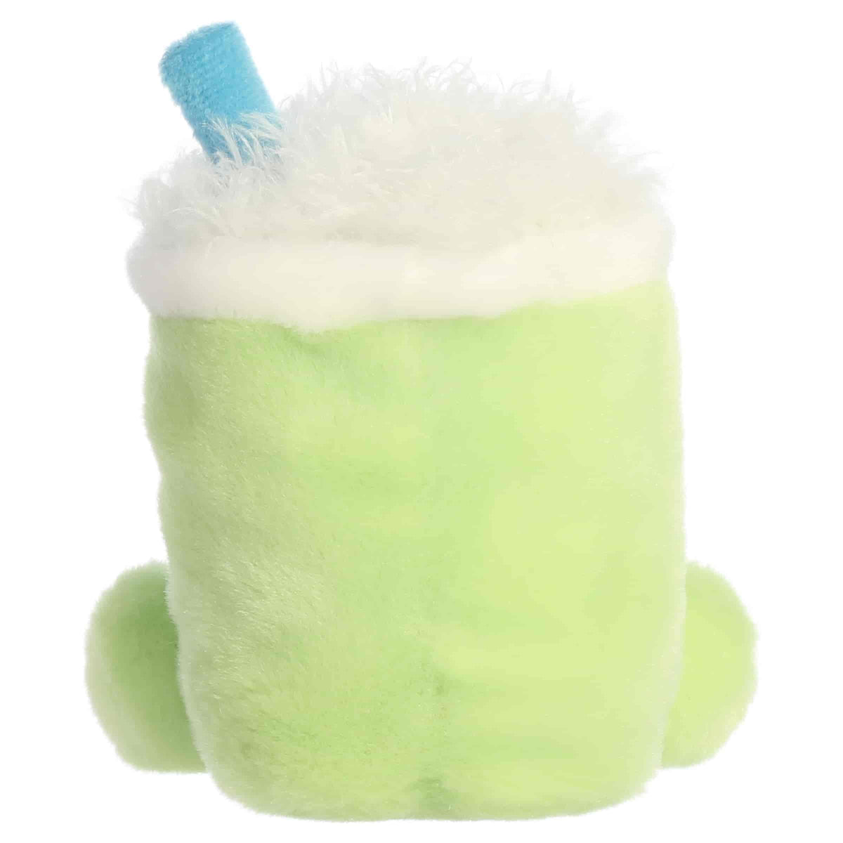 Aurora Palm Pals Jade Iced Matcha Latte plush toy featuring matcha-green fur, fluffy white foam top, blue straw, embroidered ice cubes, and rosy cheeks sitting upright.