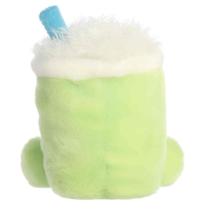 Aurora Palm Pals Jade Iced Matcha Latte plush toy featuring matcha-green fur, fluffy white foam top, blue straw, embroidered ice cubes, and rosy cheeks sitting upright.