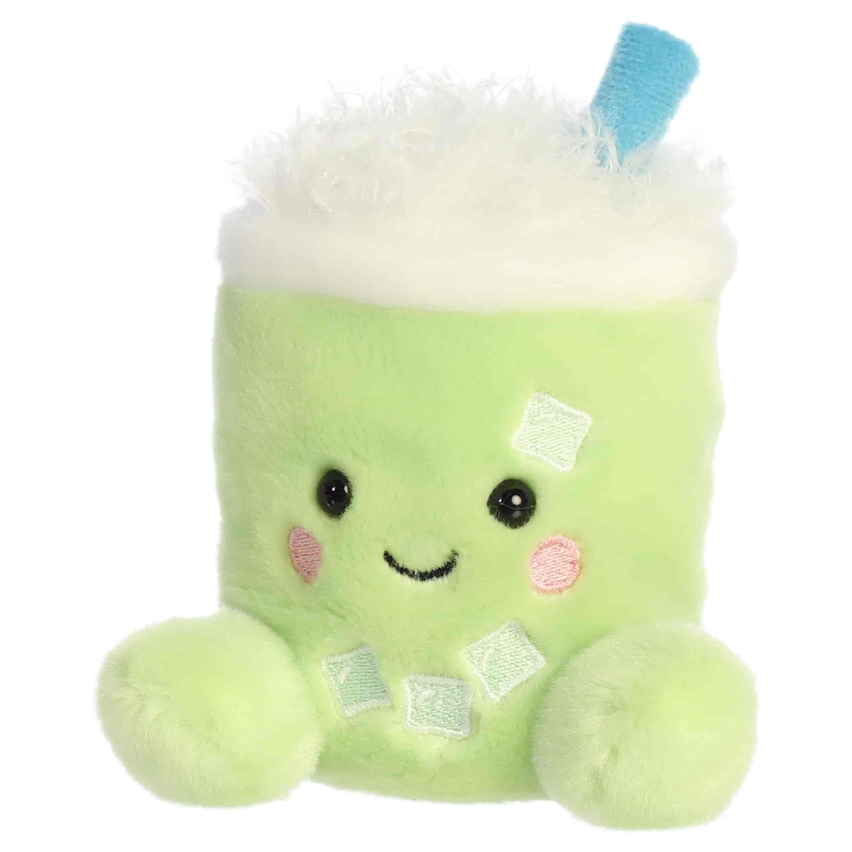 Aurora Palm Pals Jade Iced Matcha Latte plush toy featuring matcha-green fur, fluffy white foam top, blue straw, embroidered ice cubes, and rosy cheeks sitting upright.