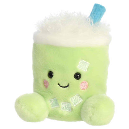 Aurora Palm Pals Jade Iced Matcha Latte plush toy featuring matcha-green fur, fluffy white foam top, blue straw, embroidered ice cubes, and rosy cheeks sitting upright.