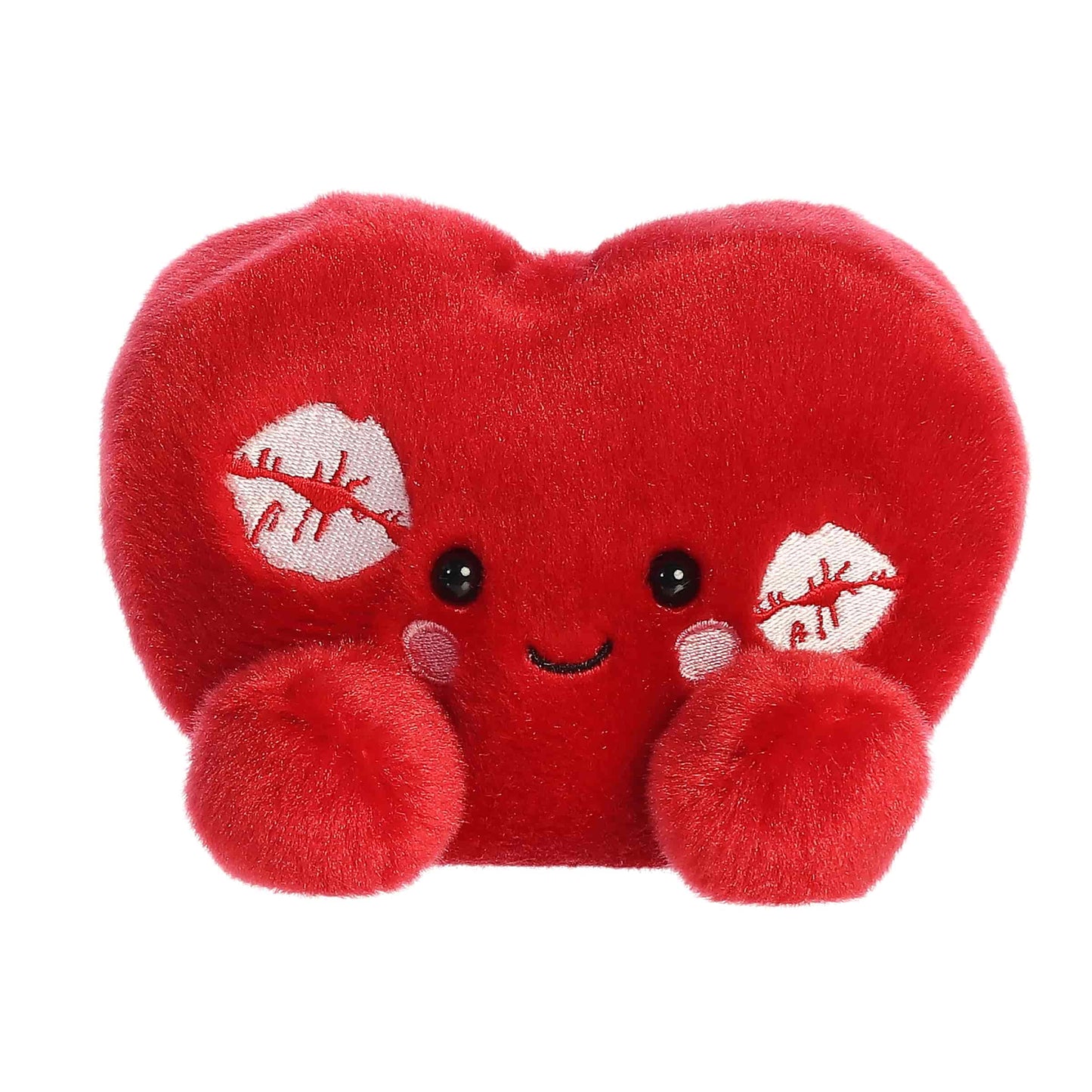 Product view of Aurora Palm Pals Kimi Kisses Heart, a small 5-inch red plush heart with embroidered kiss marks.