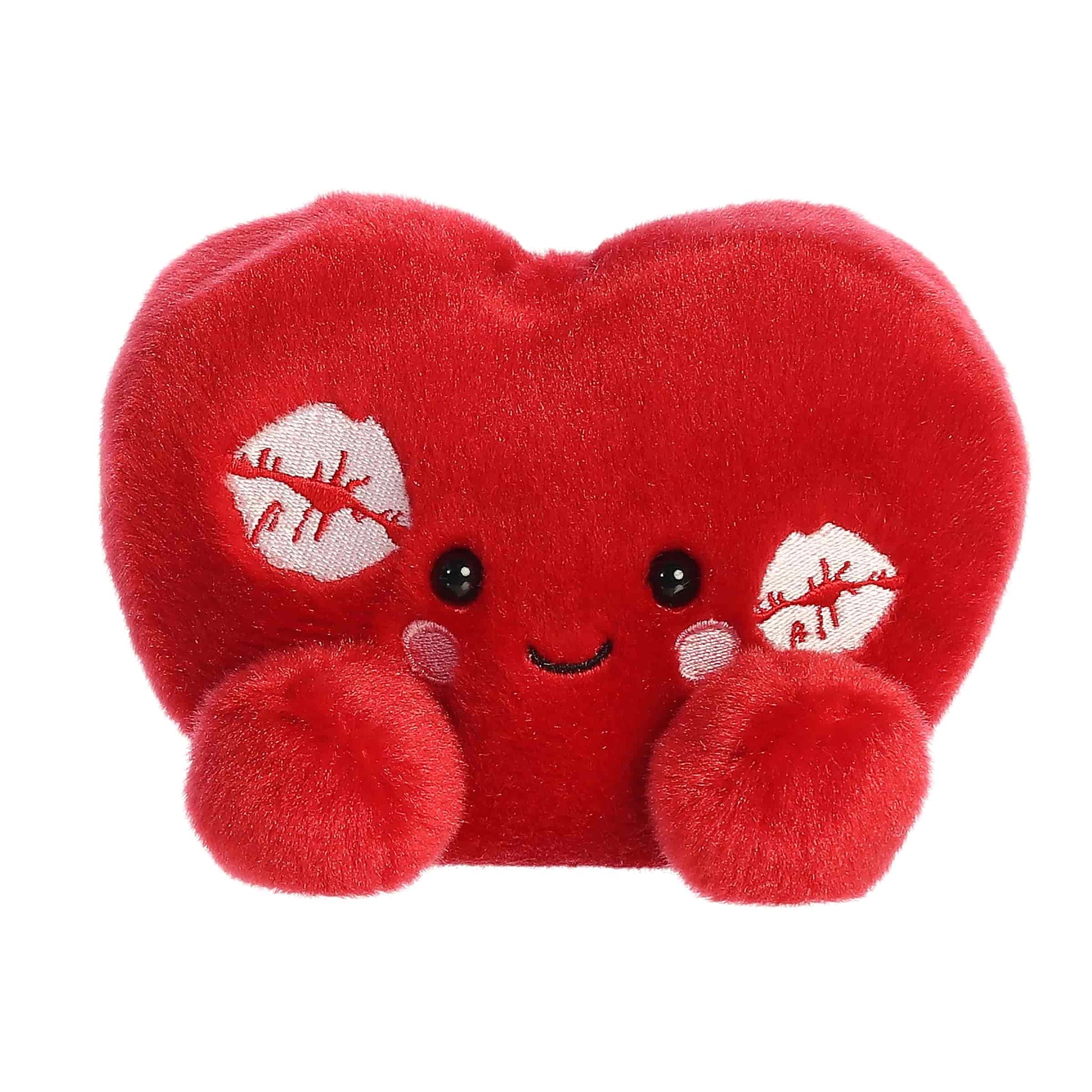 Product view of Aurora Palm Pals Kimi Kisses Heart, a small 5-inch red plush heart with embroidered kiss marks.