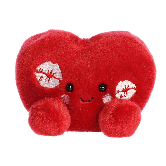 Product view of Aurora Palm Pals Kimi Kisses Heart, a small 5-inch red plush heart with embroidered kiss marks.