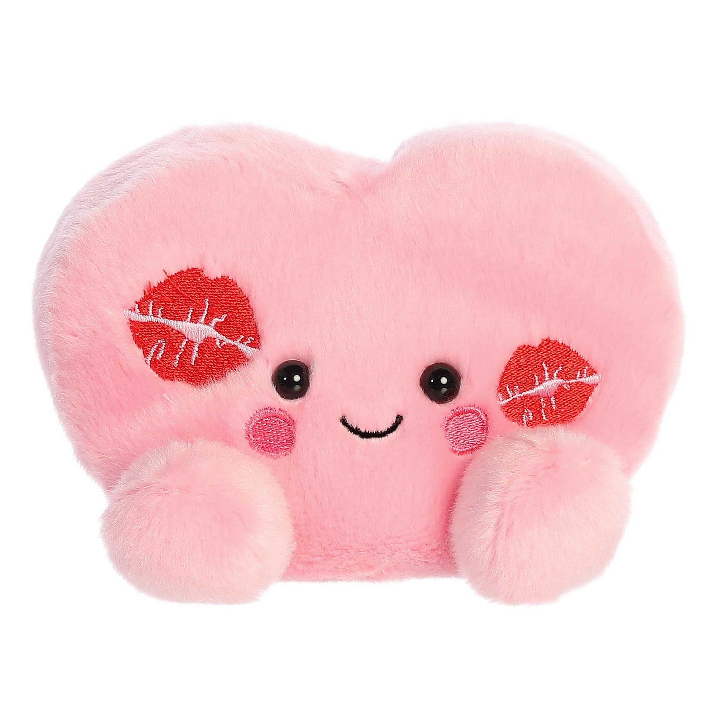 Product view of Aurora Palm Pals Kinsley Kisses Heart plush, a pink heart with red lipstick kiss marks.