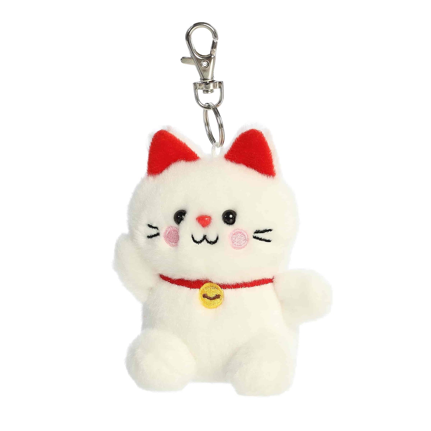 Aurora Palm Pals plush clip-on featuring Kota the Lucky Cat, a white kitty with red ears, pink cheeks, and a golden bell collar.
