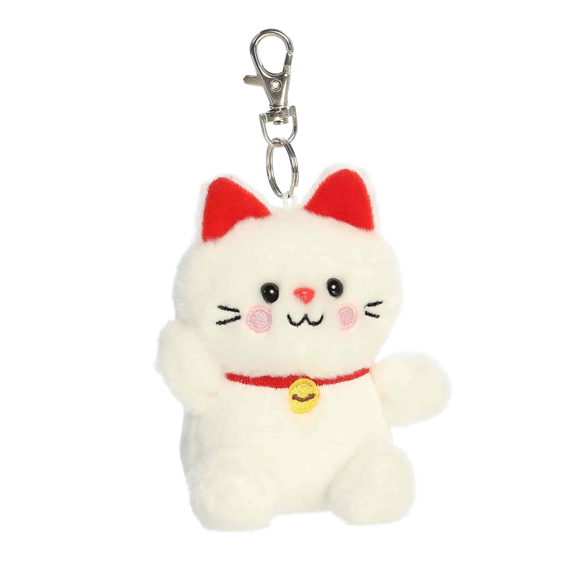 Aurora Palm Pals plush clip-on featuring Kota the Lucky Cat, a white kitty with red ears, pink cheeks, and a golden bell collar.