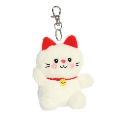 Aurora Palm Pals plush clip-on featuring Kota the Lucky Cat, a white kitty with red ears, pink cheeks, and a golden bell collar.