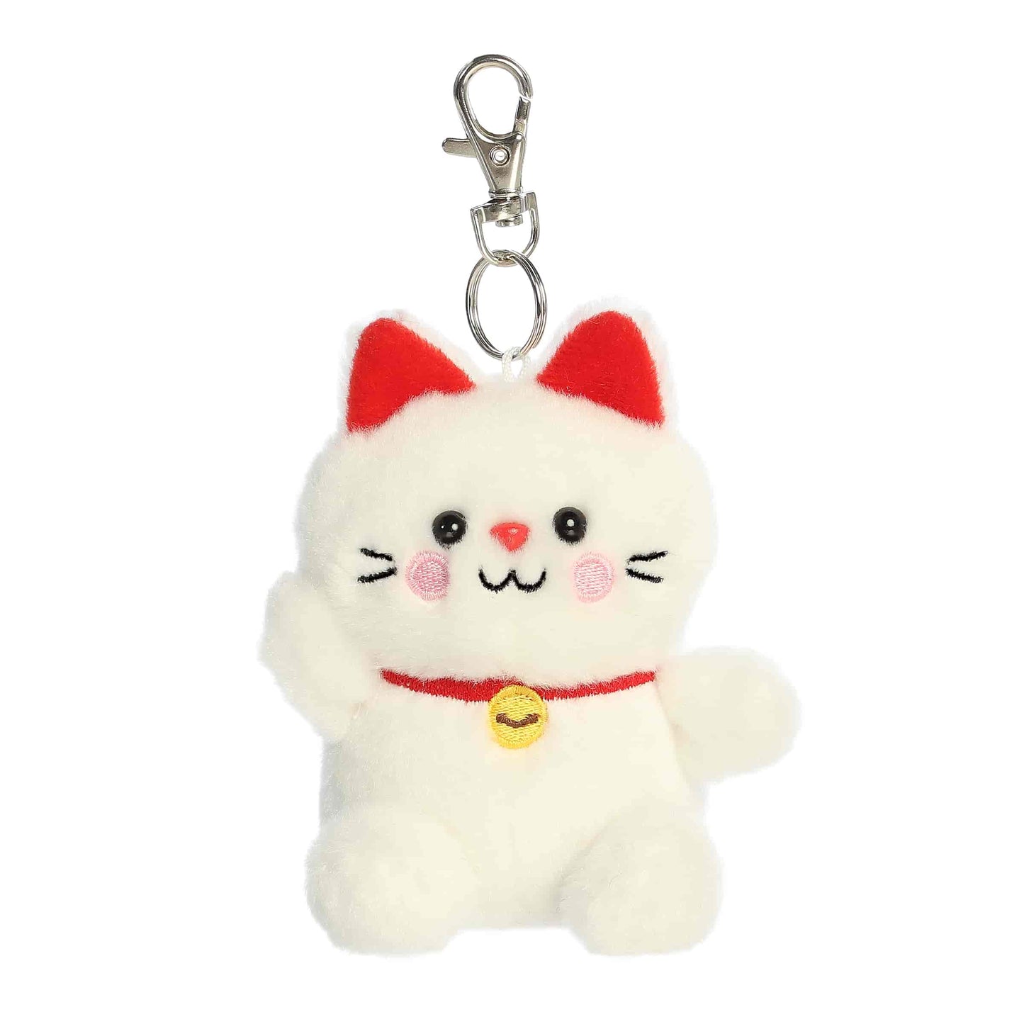 Aurora Palm Pals plush clip-on featuring Kota the Lucky Cat, a white kitty with red ears, pink cheeks, and a golden bell collar.