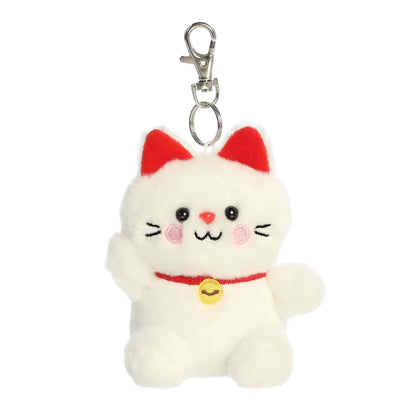 Aurora Palm Pals plush clip-on featuring Kota the Lucky Cat, a white kitty with red ears, pink cheeks, and a golden bell collar.